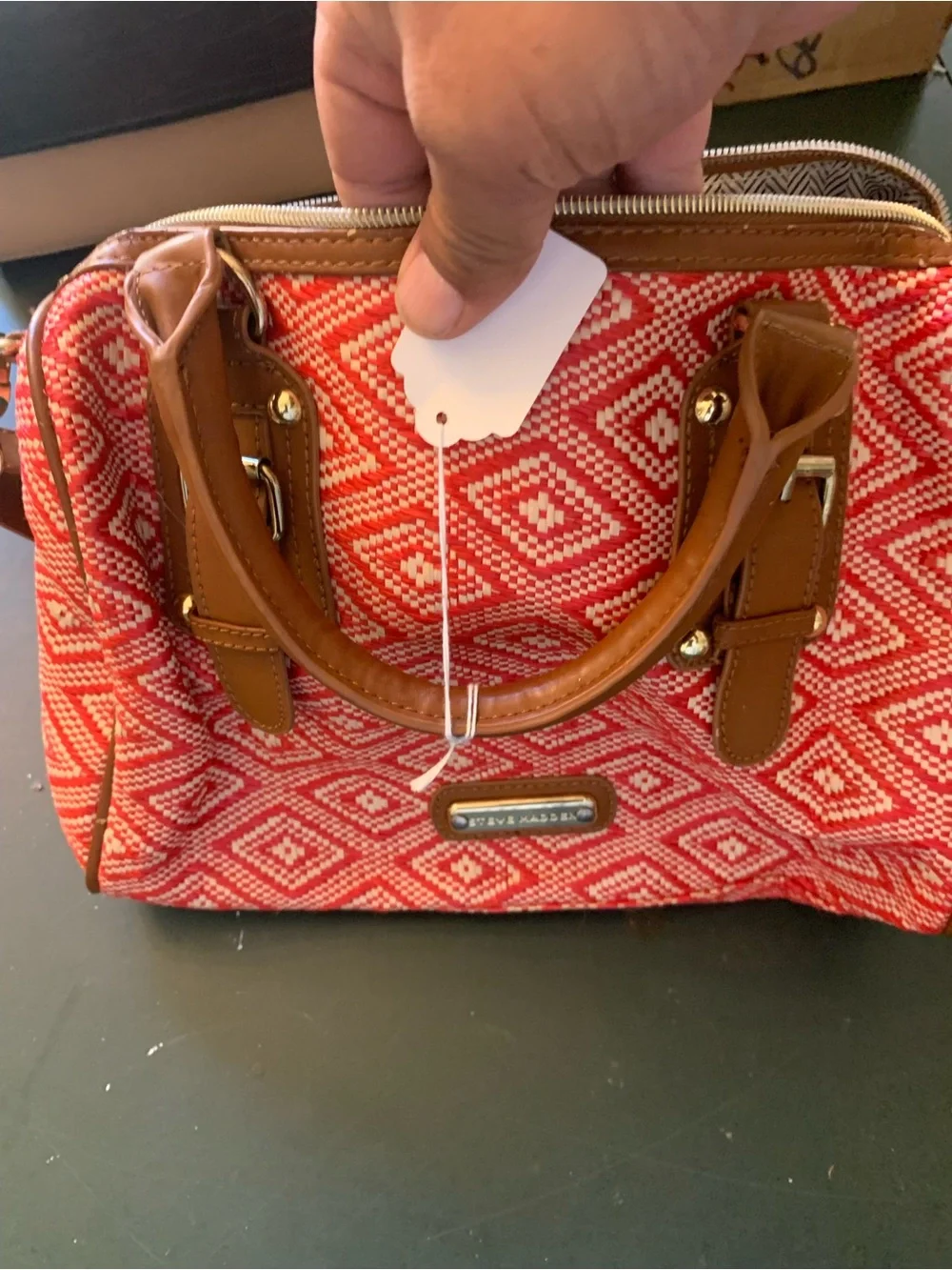 Steve Madden Red Diamond-Pattern Satchel with Brown Trim